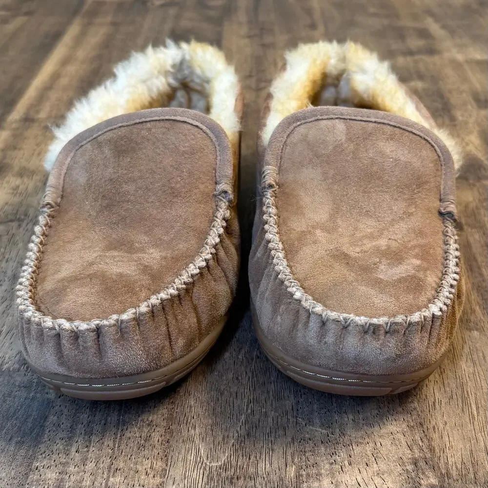 L.L.Bean Wicked Good Slippers Venetian Shearling Moccasin Suede Brown Men’s 14